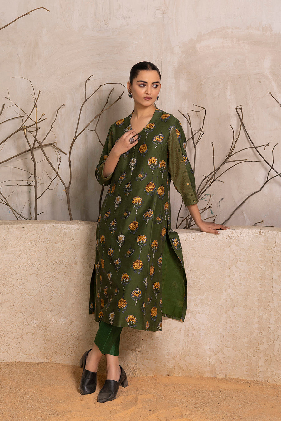 Leaf Green Silk Chanderi Printed Tunic (1 PC)