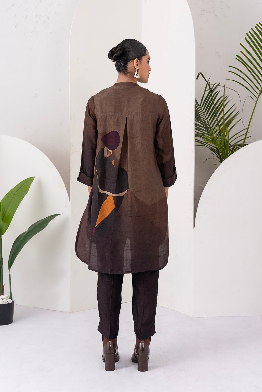 Shades Of Brown Viscose Dupion Printed Shirt Style Tunic (1 PC)