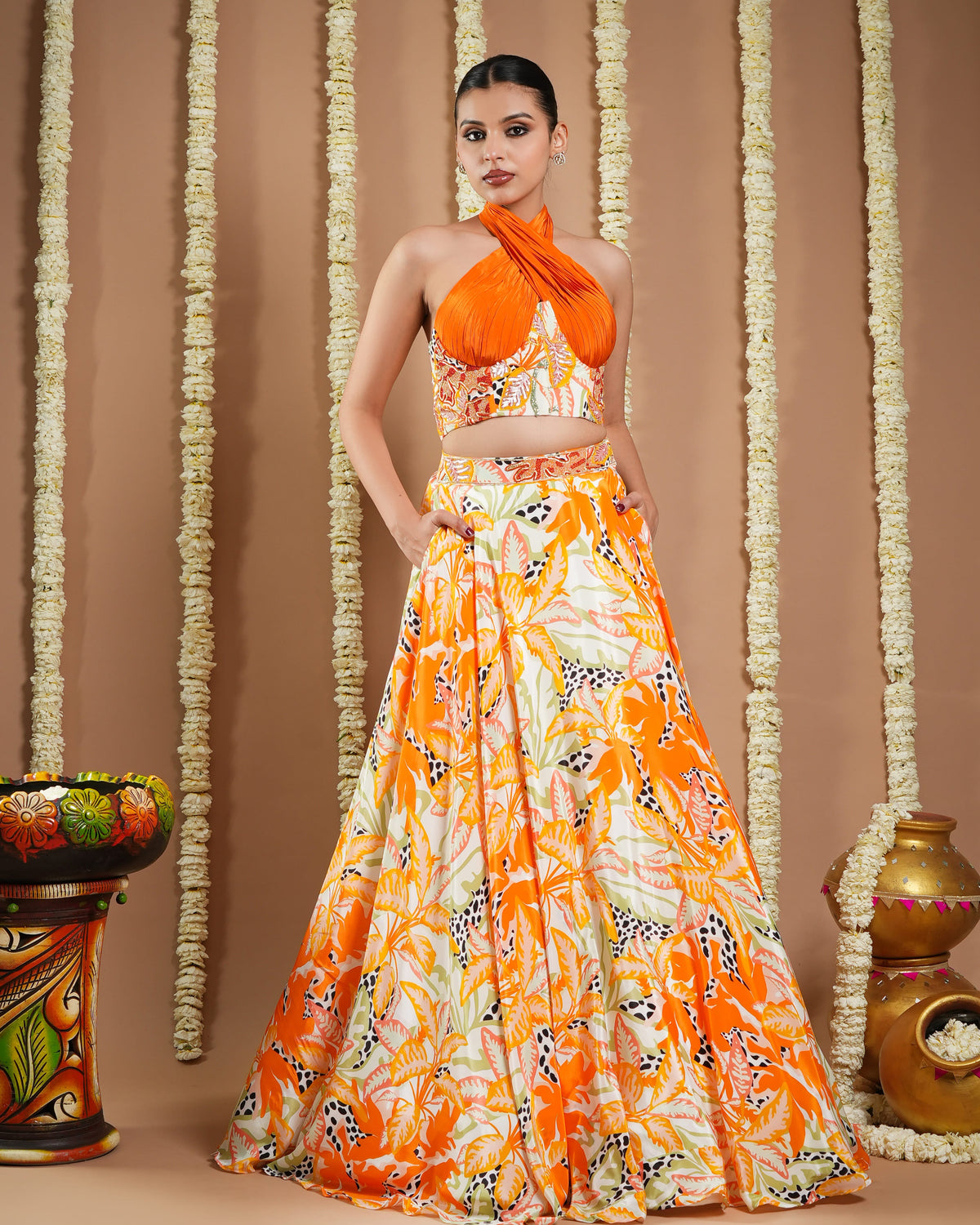 Forest Orange Printed Corset Drape Indo Lehenga Set (Set Of 2)