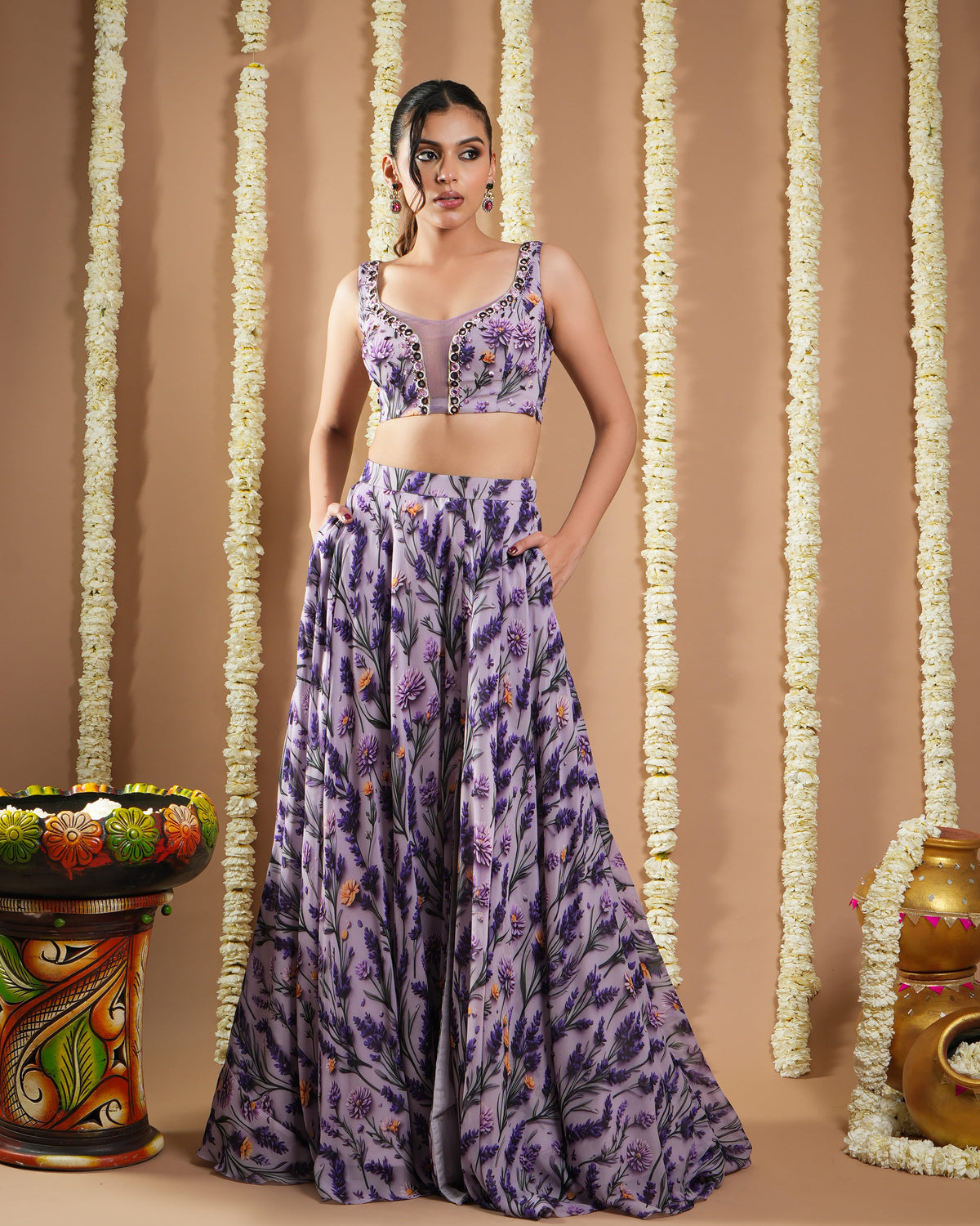 Violet-Lilac Printed Indo Lehenga Set (Set Of 2)