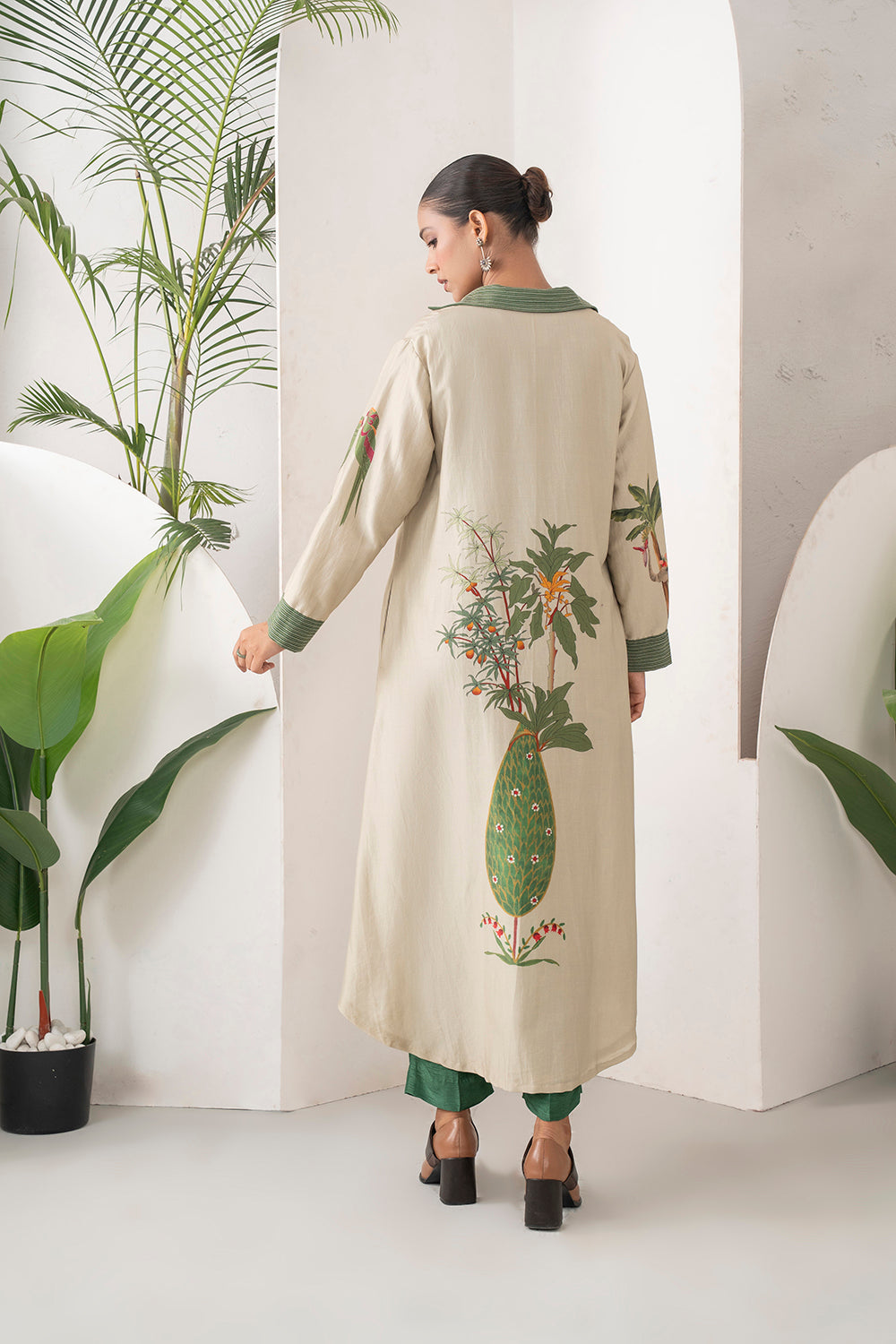 Beige Silk Chanderi Nature-Inspired Printed Dress Set (3 PCS)