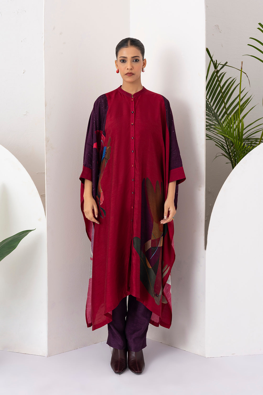 Red Viscose Dupion Printed Kaftaan Style Dress (1 PC)