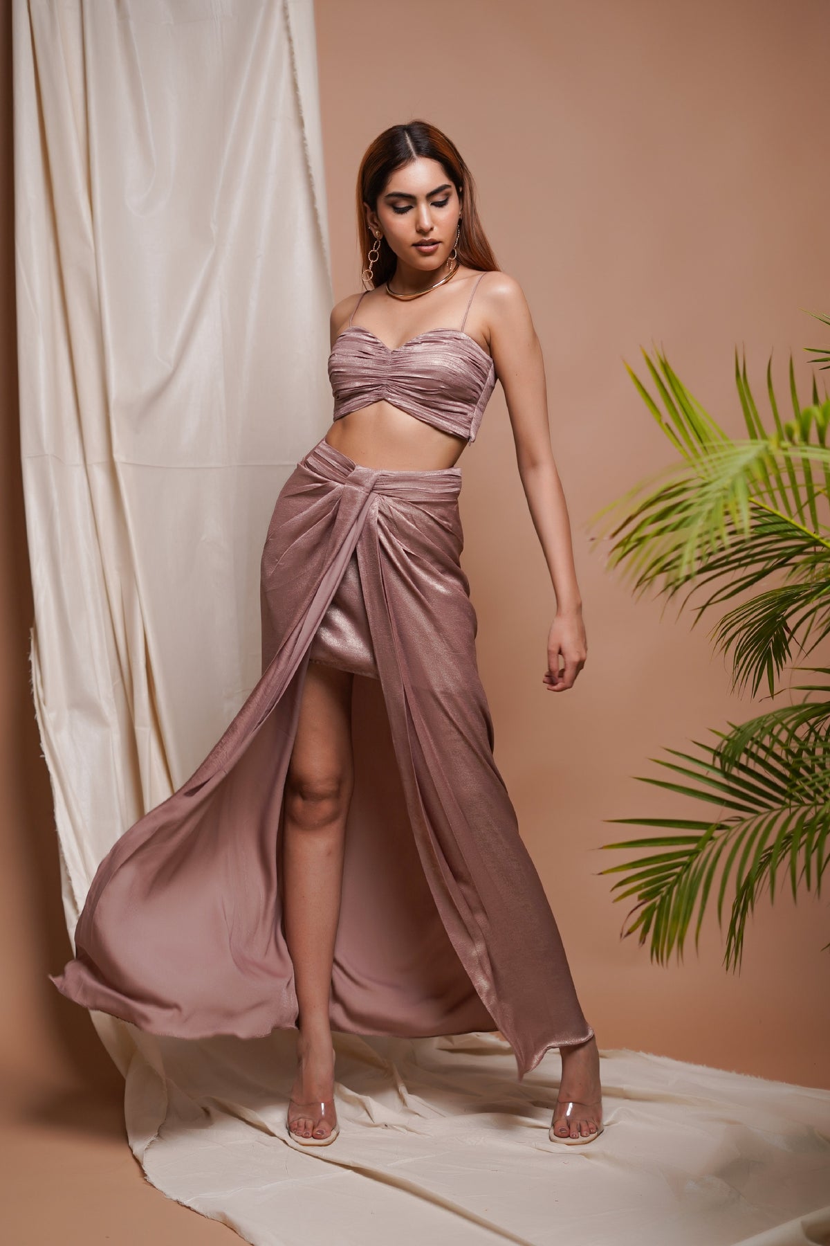PINK SHIMMER DRAPE SKIRT AND COAT SET (SET OF 3)