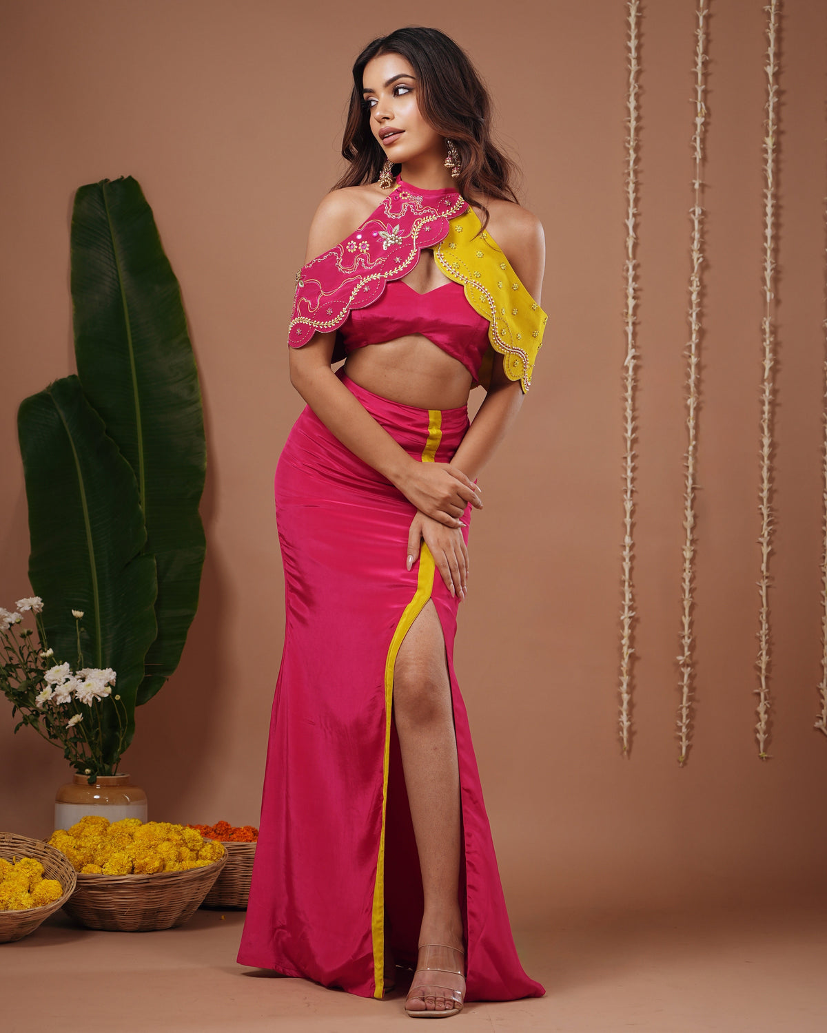 Rani-Yellow Halter Neck Skirt Set (Set of 3)