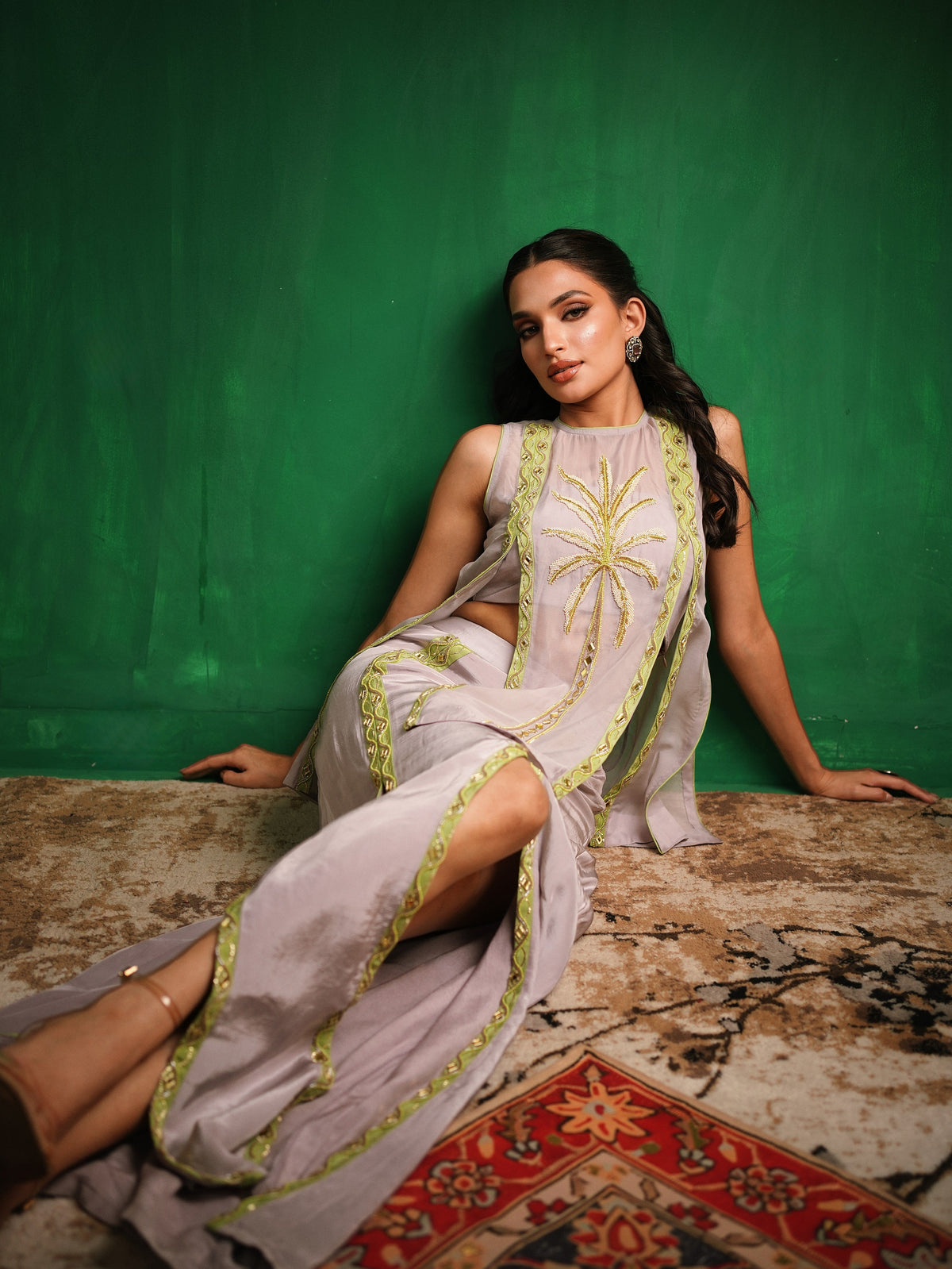 Lilac-Lime Green Organza Indo Set (Set of 3)