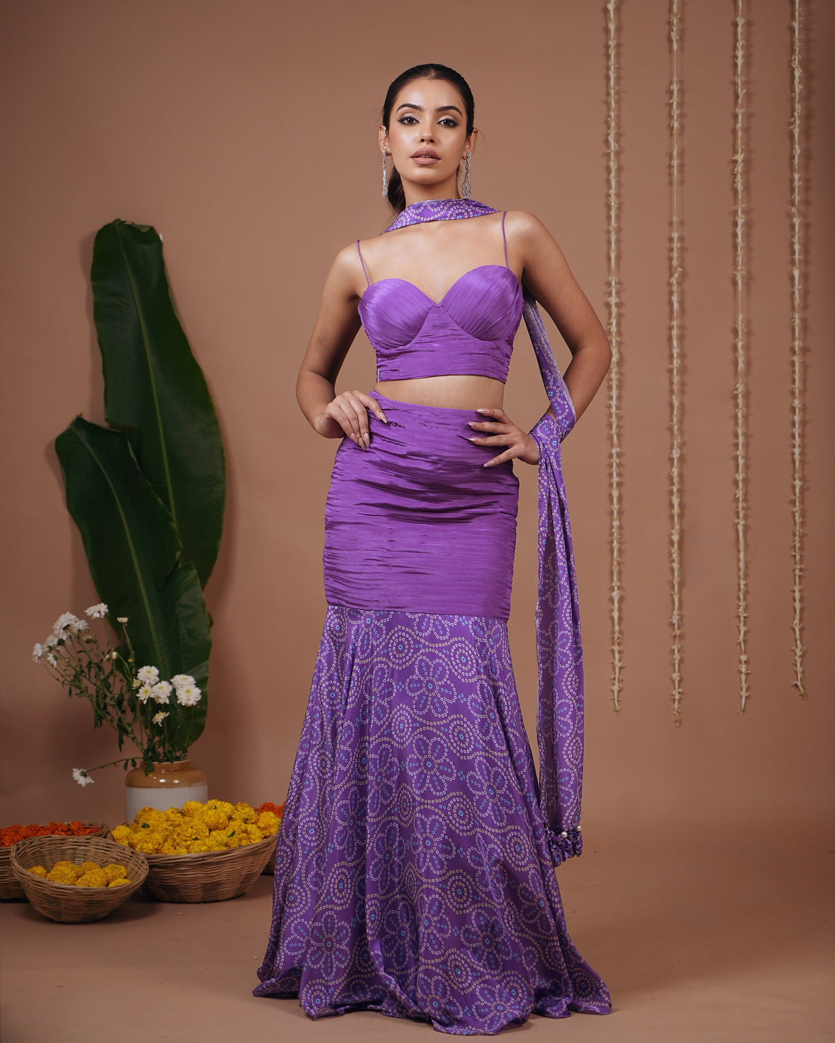 Purple Bandhani Corset Indo Skirt Set (Set of 3)