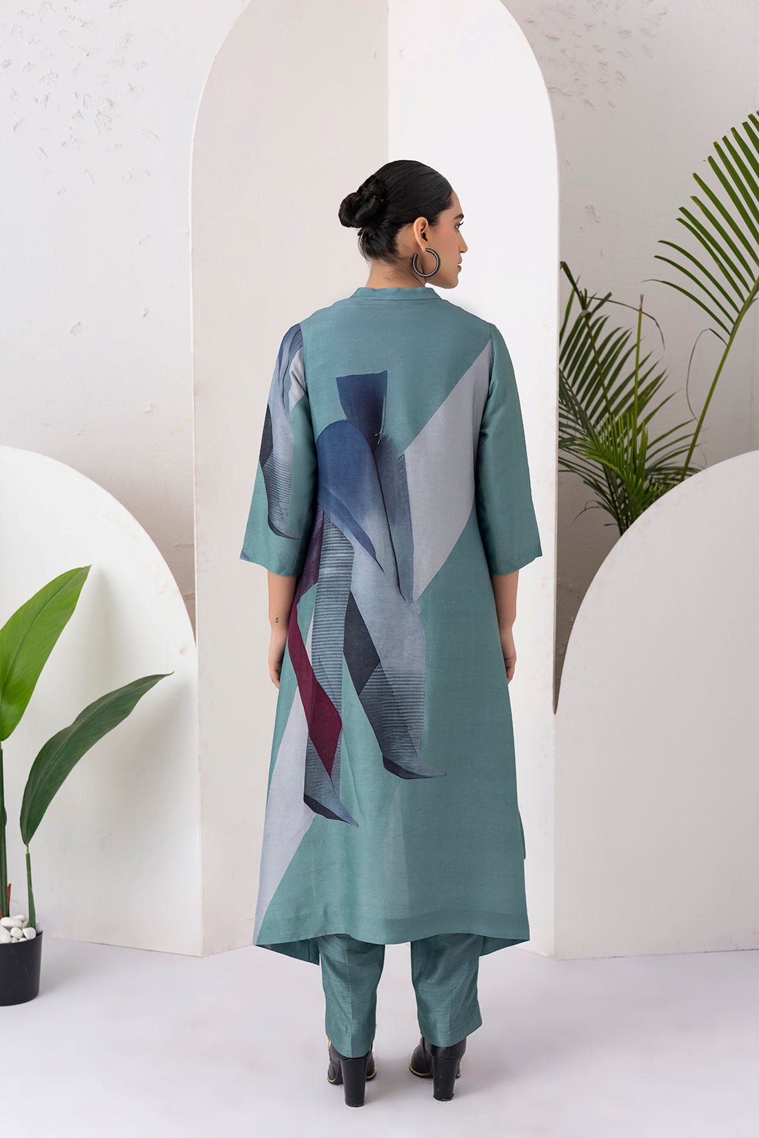 Sage Green Viscose Dupion Printed High-Low Dress (1 PC)