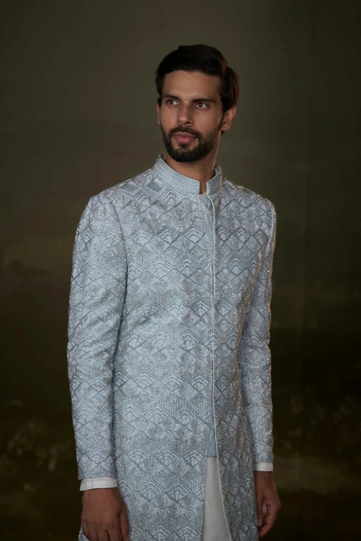 Powder-blue embroidered raw silk sherwani