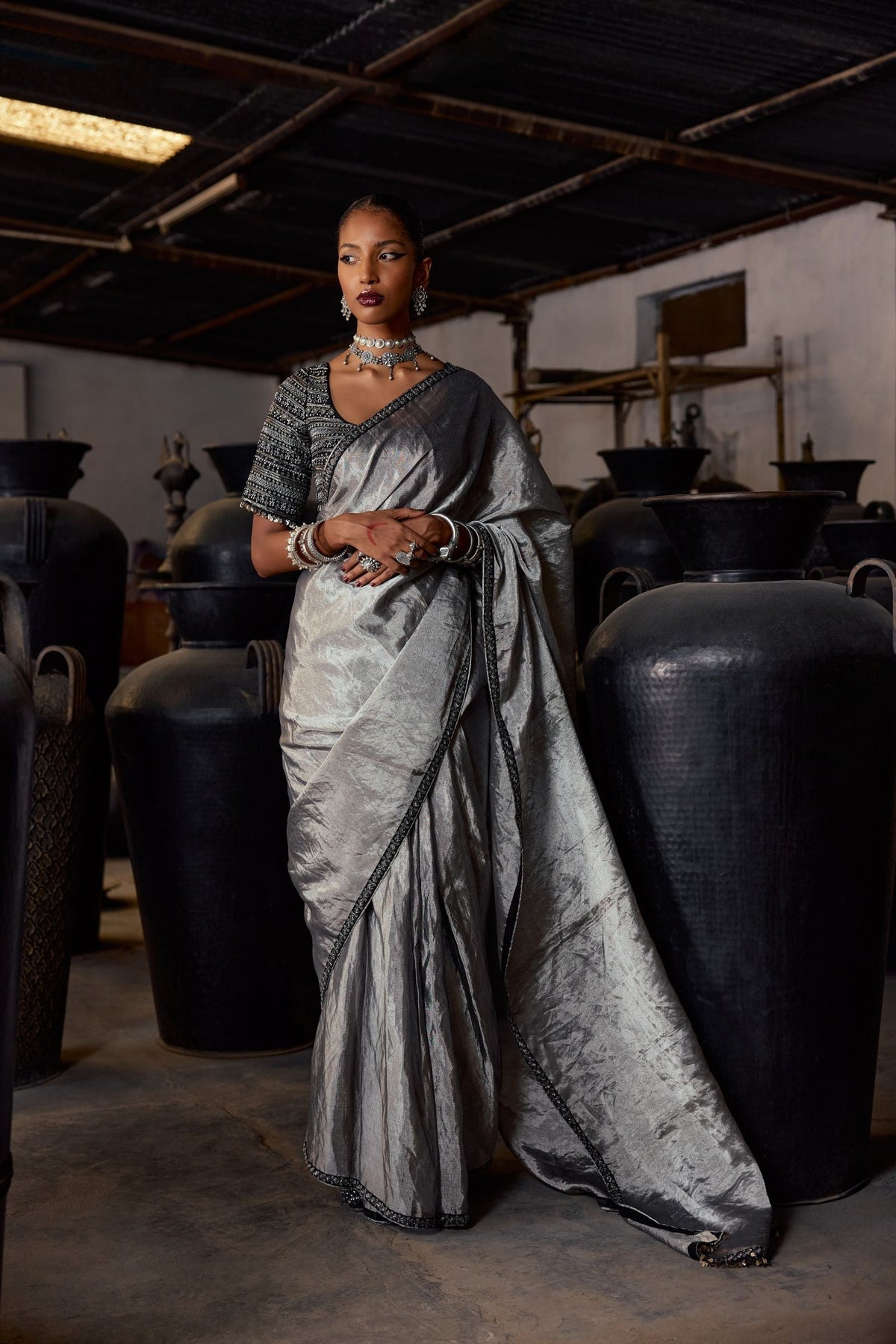 SILVER SAREE AND PETTICOAT