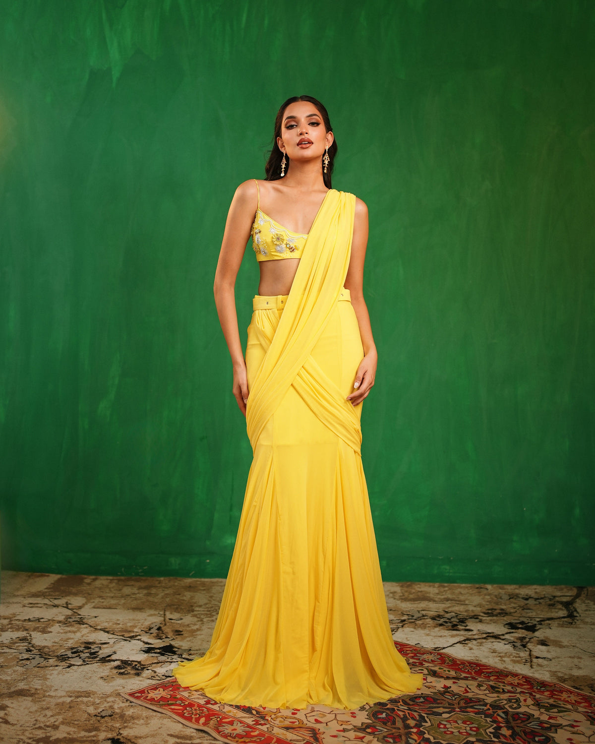 Sunshine Yellow Pre Drape Saree Set (Set of 2)