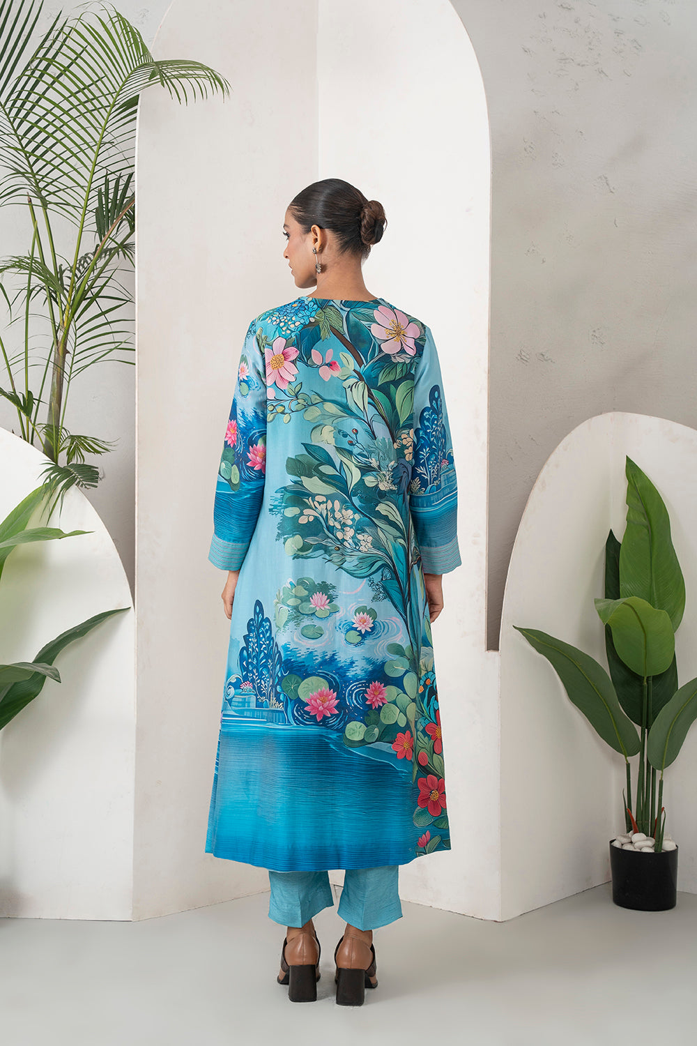 Sky Blue Silk Chanderi Lush Lotus Printed Tunic Set (2 PCS)