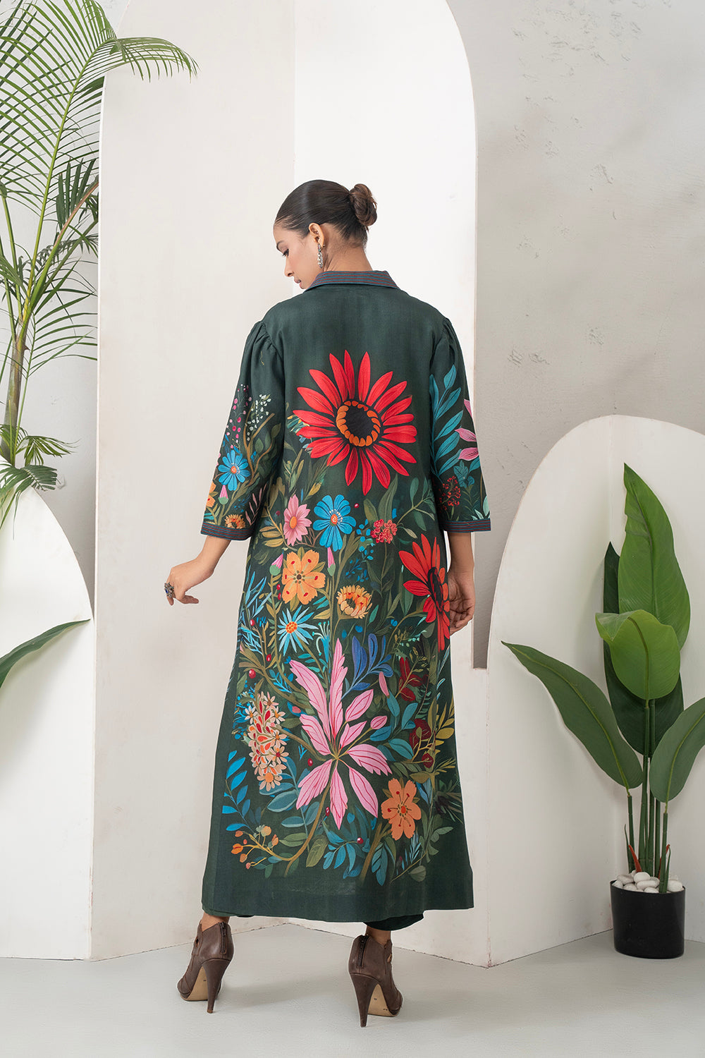 Dark Green Silk Chanderi Vibrant Multicolour Floral Printed Dress Set (2 PCS)