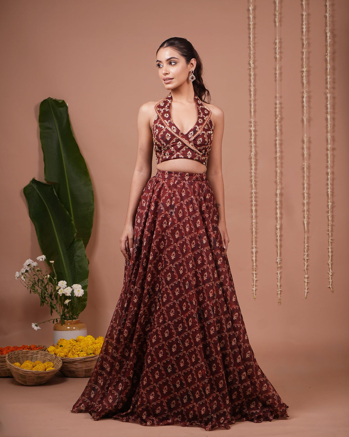Maroon Halter Laple Neck Indo Lehenga Set (Set of 2)
