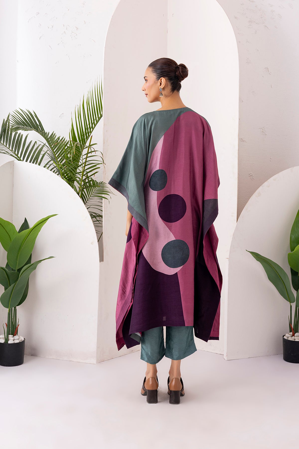 Sage Green & Salmon Pink Viscose Dupion Printed Kaftan (1 PC)