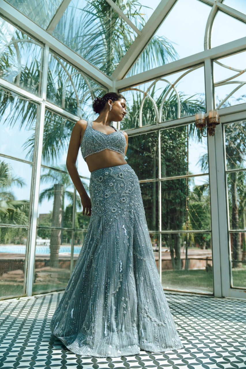 Chaandni Grey Embroidered Fishcut Lehenga set with Cape