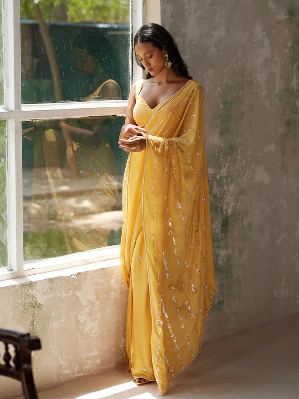 SUNFLOWER YELLOW DRAPED SAREE SET