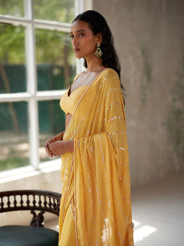 SUNFLOWER YELLOW DRAPED SAREE SET