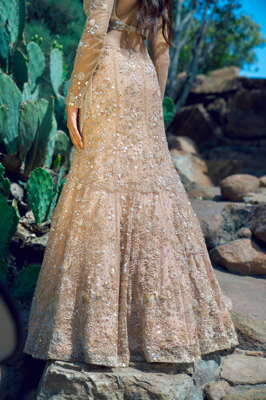 Sandhya Sona Beige Embroidered Fishcut Lehenga set
