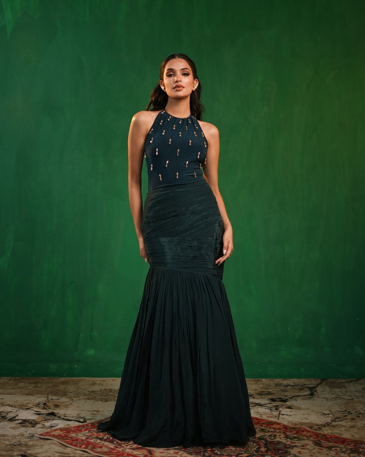 Midnight Green Halterneck Bodysuit With Drape Mermaid Skirt Set (Set of 2)