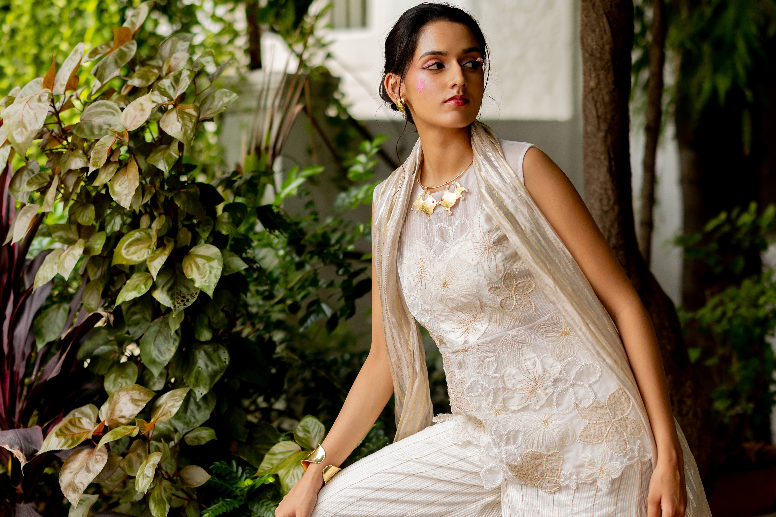 "IVORY OVERLAY WITH BUSTIER STRIPE PANTS AND DUPATTA (gouri)"