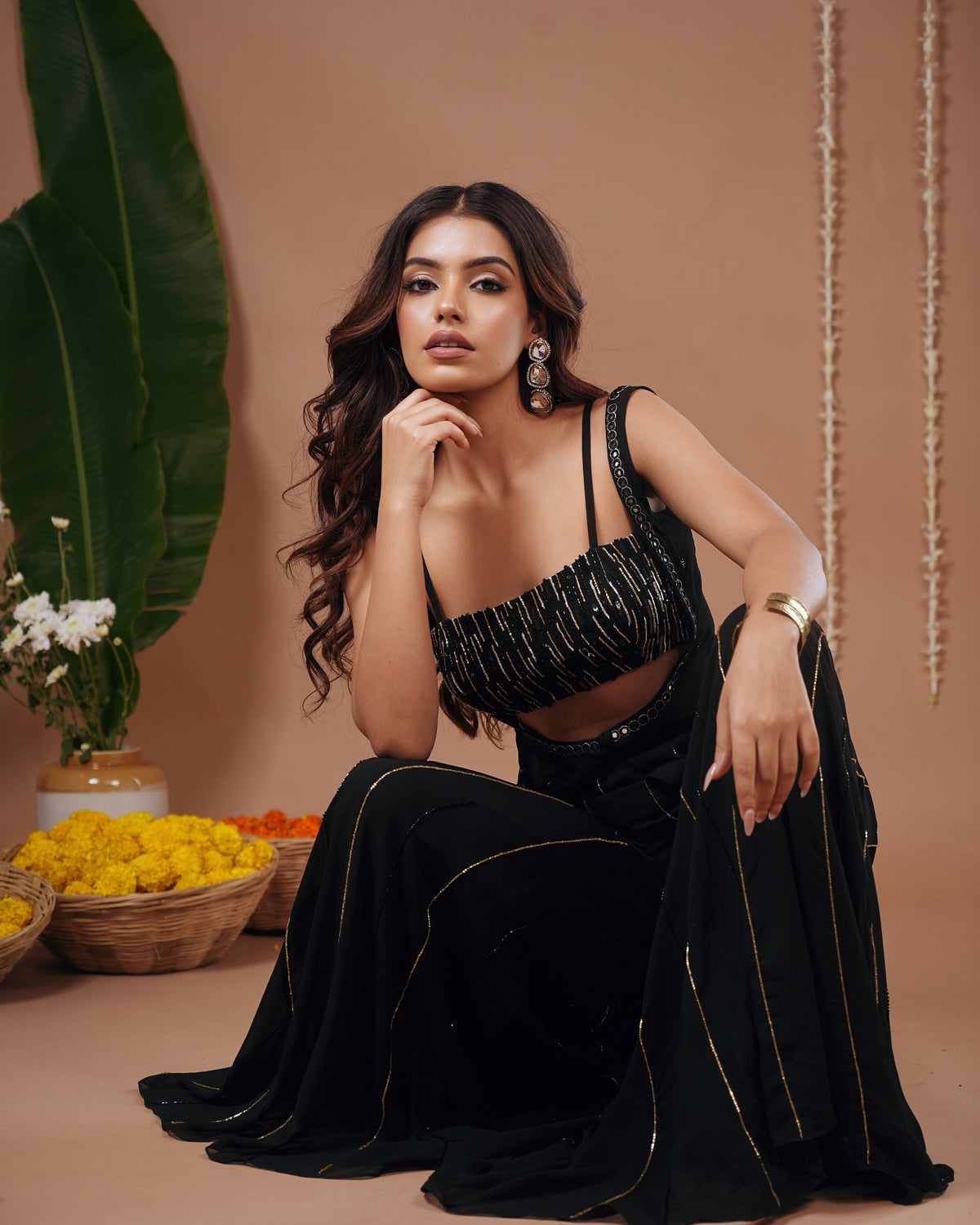Black Georgette Heavy Indo Set (Set of 3)