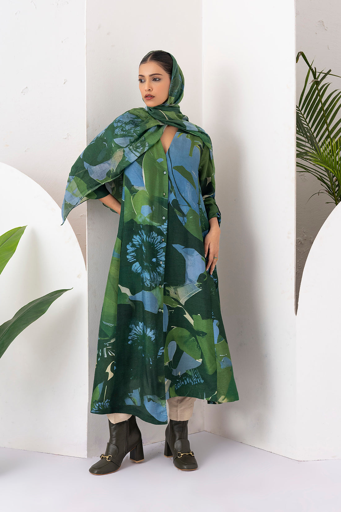 Green & Blue Thin Chanderi Printed Stole (1 PC)