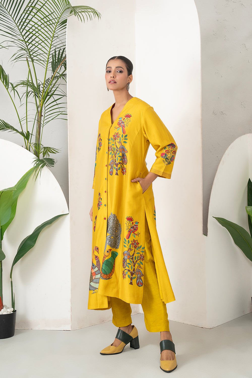 Yellow Silk Chanderi Front Open Striking Bird And Floral Printed Dress Set (3 PCS)
