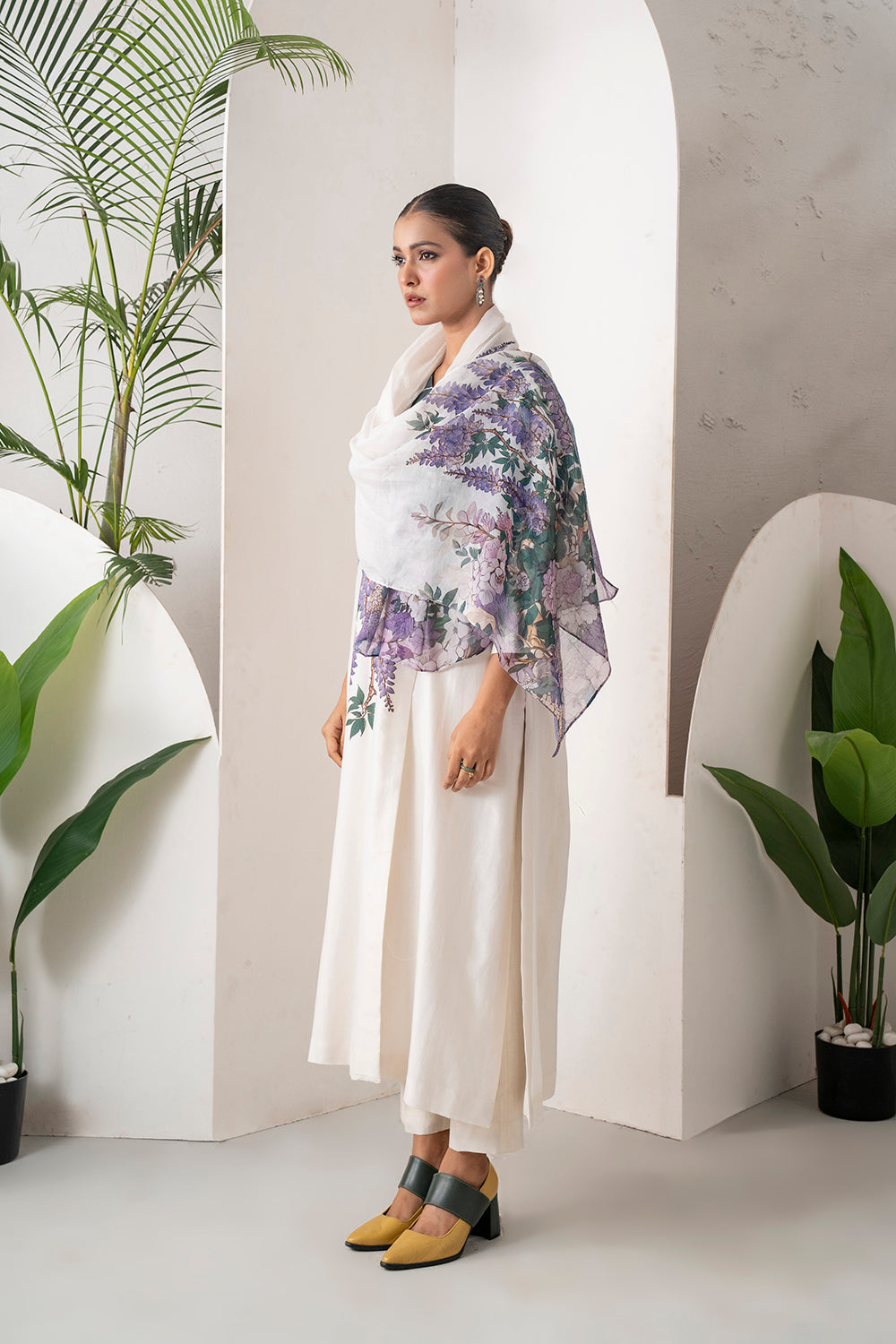 Ivory Silk Chanderi Side Panel Wisteria Printed Dress Set (2 PCS)