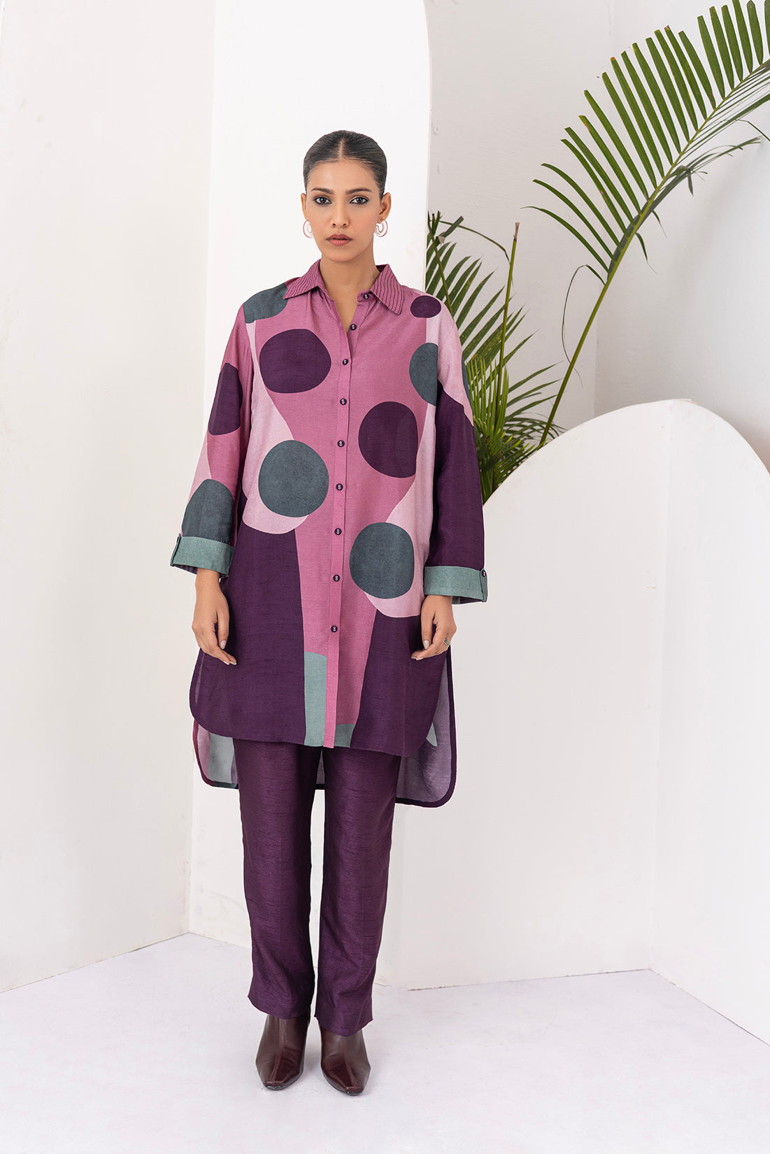 Salmon Pink & Wine Viscose Dupion Printed Shirt Style Tunic (1 PC)