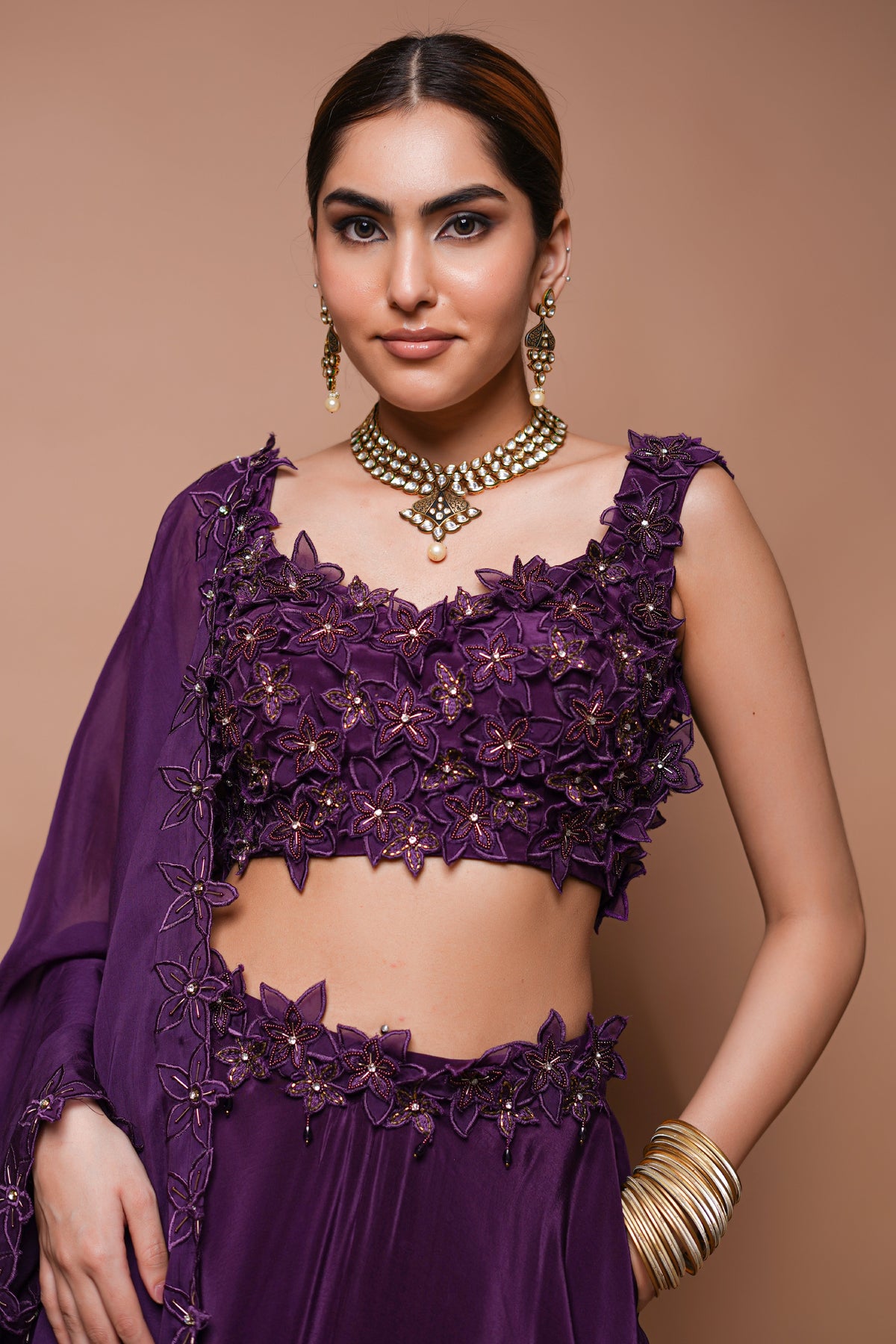 WINE 3-D LEHENGA SET (SET OF 3)
