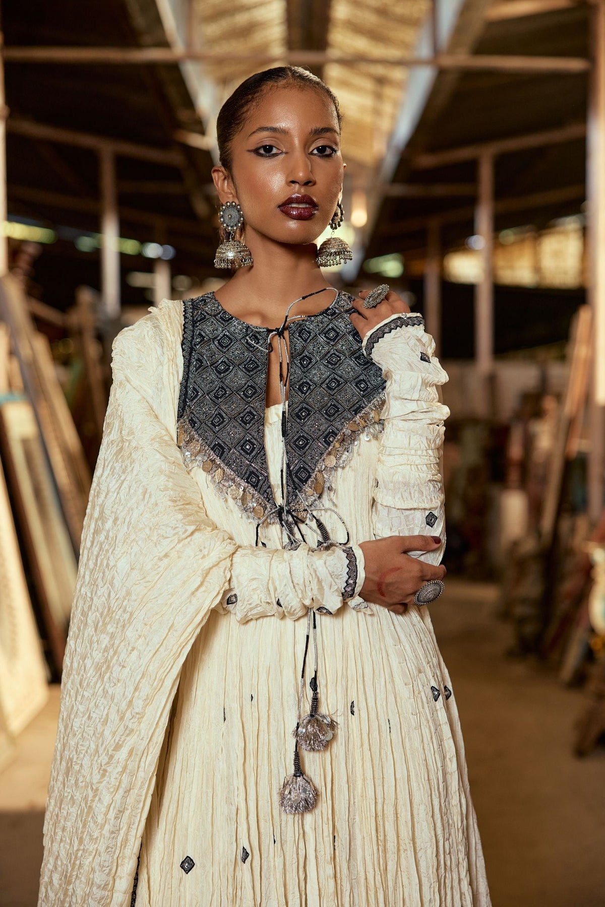 BEIGE CRUSH OPEN ANARKALI WITH KURTA AND CHURIDAR