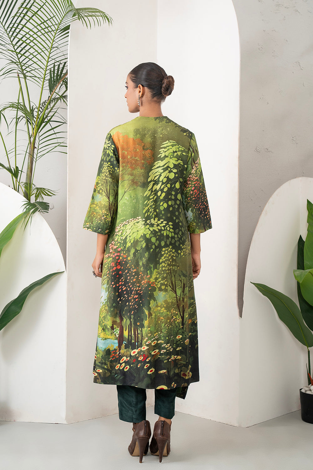 Shades Of Green Silk Chanderi Front Open Nature Inspired Printed Dress Set (2 PCS)