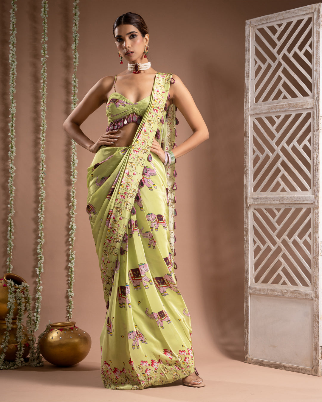 Elephant Print Green Purple Pre-Drape Saree (Set of 2)