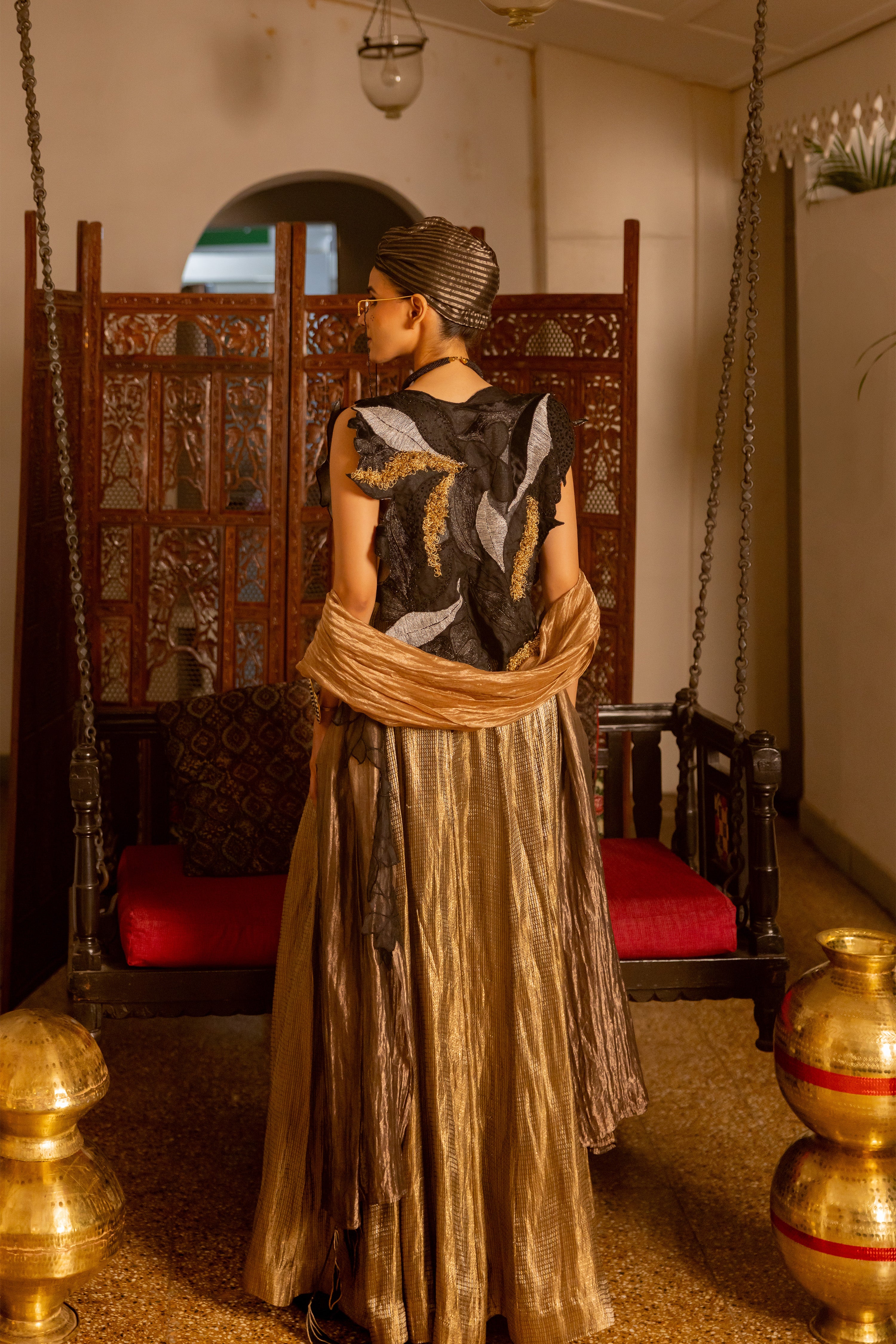 "BLACK OVERLAY WITH GOLDEN SKIRT BUSTIER AND DUPATTA ( indra)"