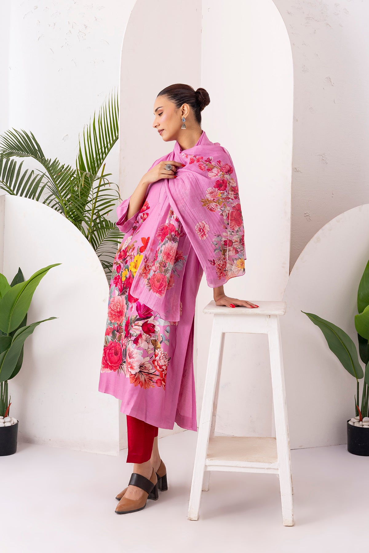 Salmon Pink Silk Chanderi Printed Tunic (1 PC)
