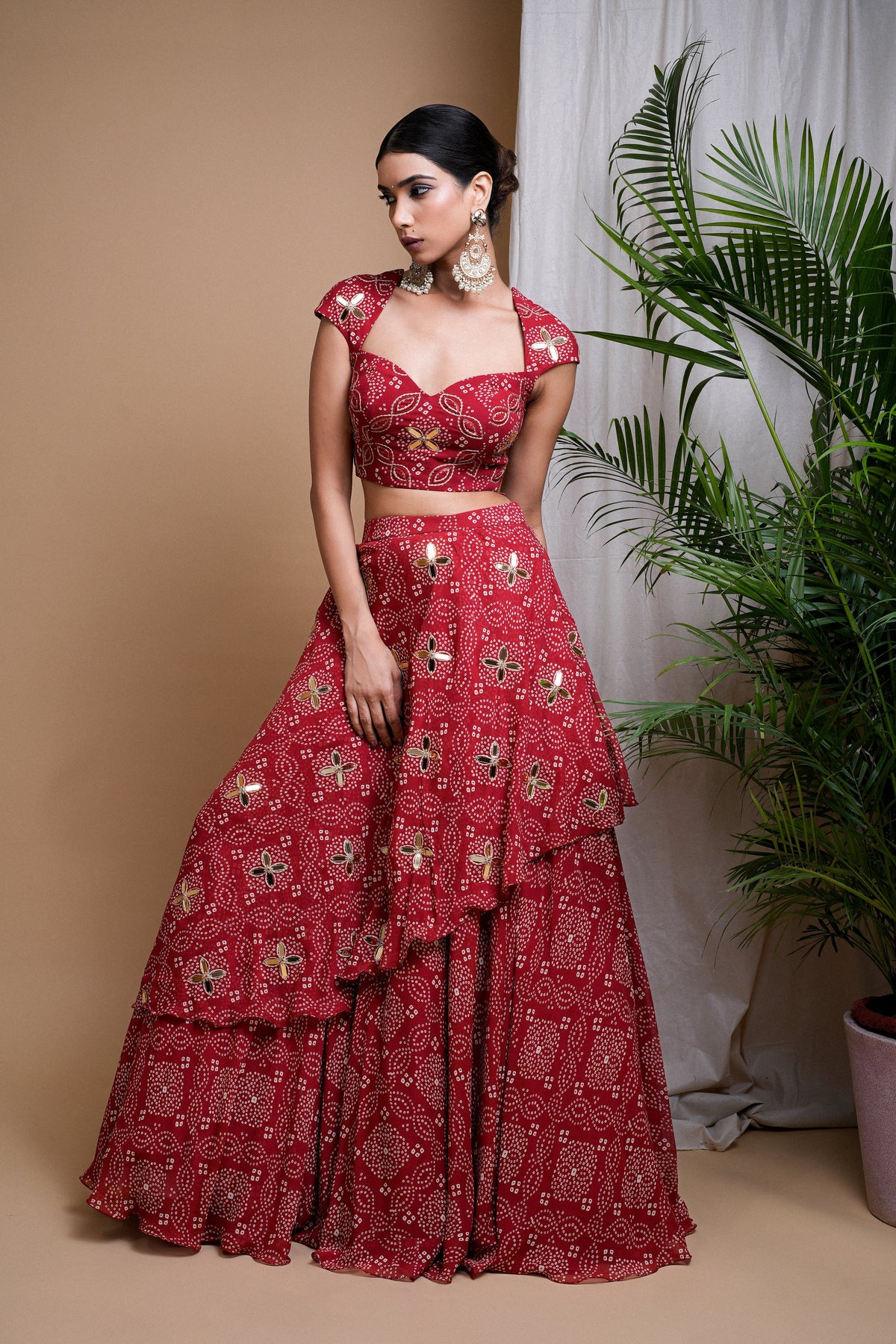 RED BANDHANI DIGITAL PRINT INDO LEHENGA SET (SET OF 2)