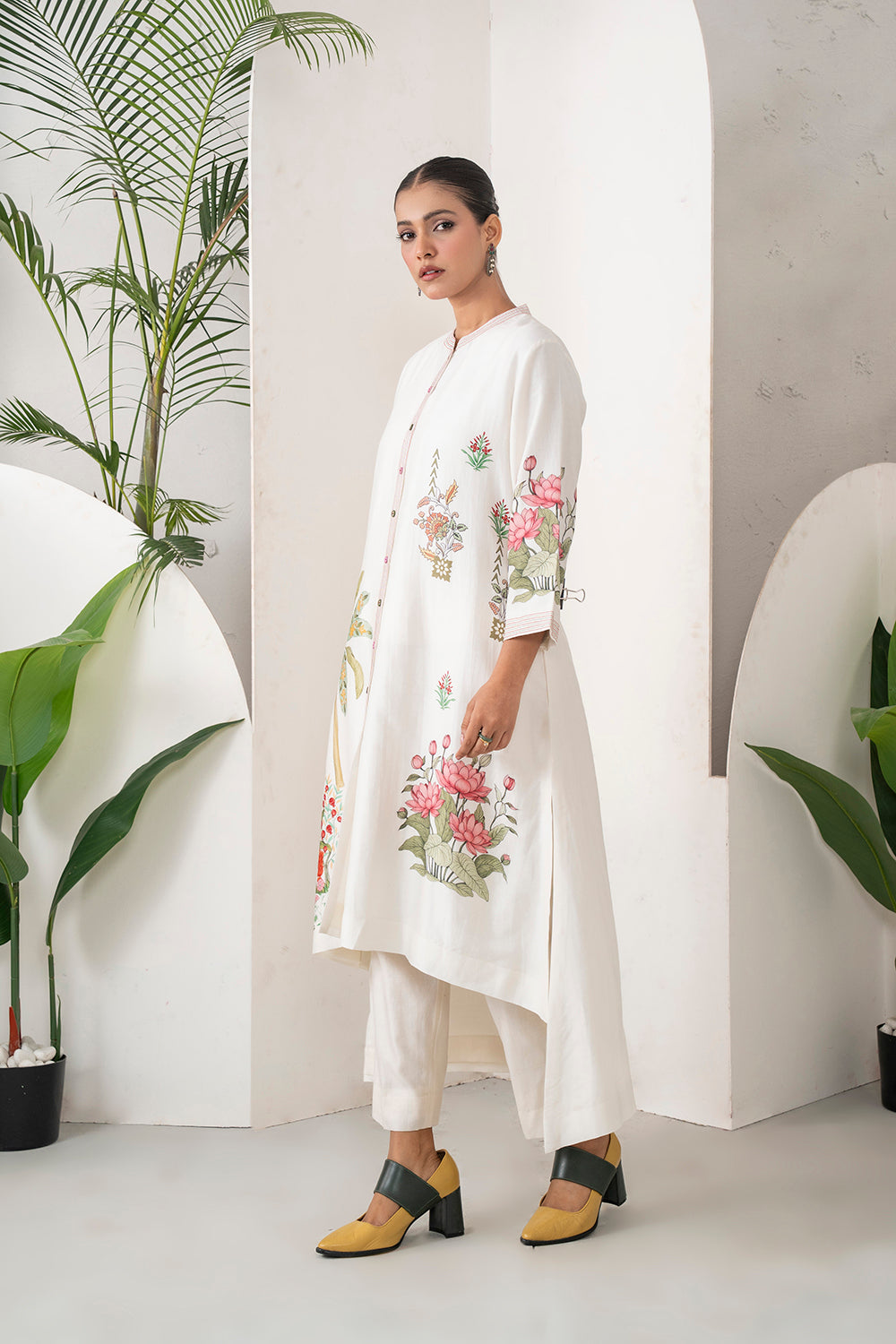 Ivory Silk Chanderi Miniature Art Printed High-Low Dress Set (3 PCS)