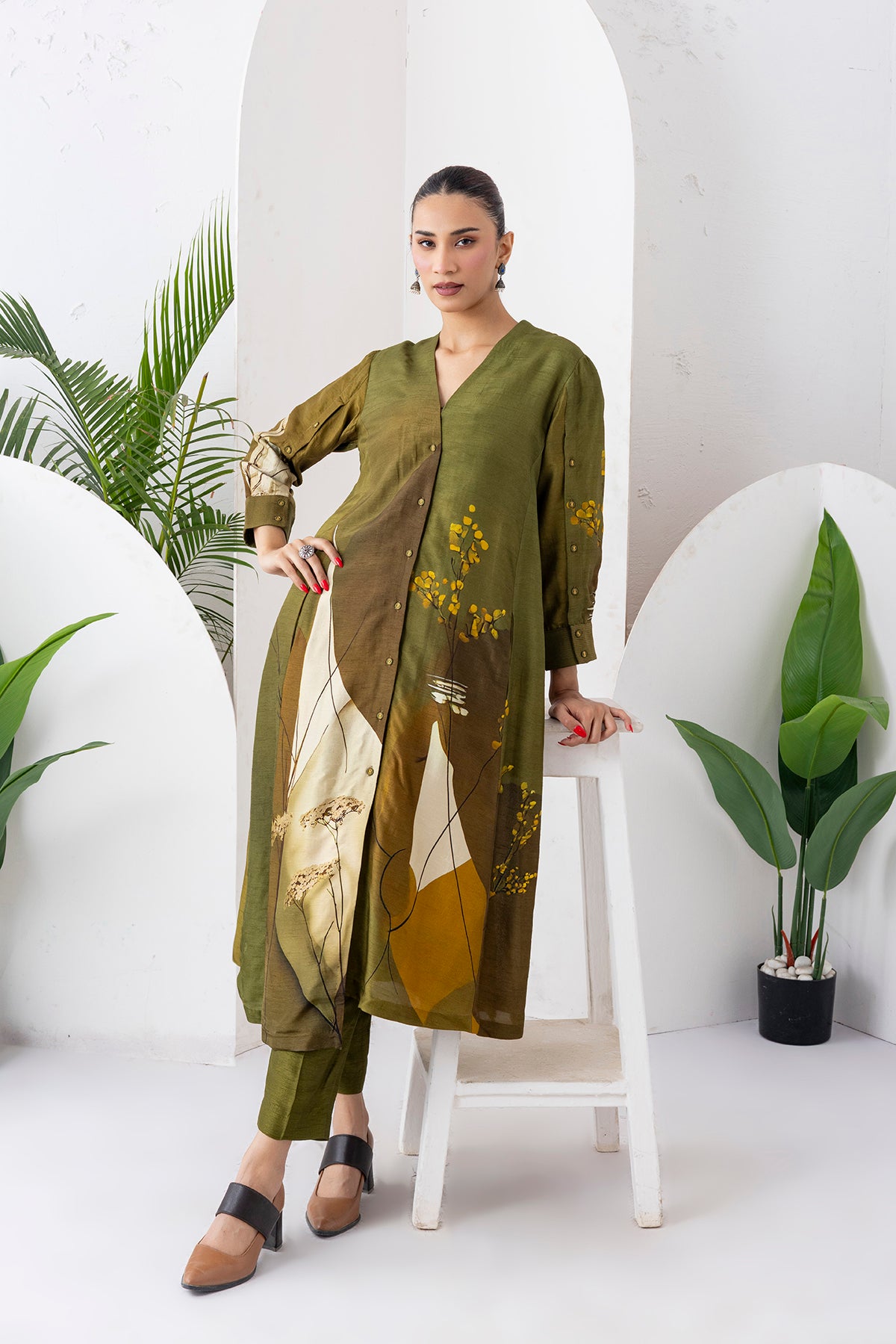 Moss Green Shaded Viscose Dupion Printed High-Low Dress (1 PC)