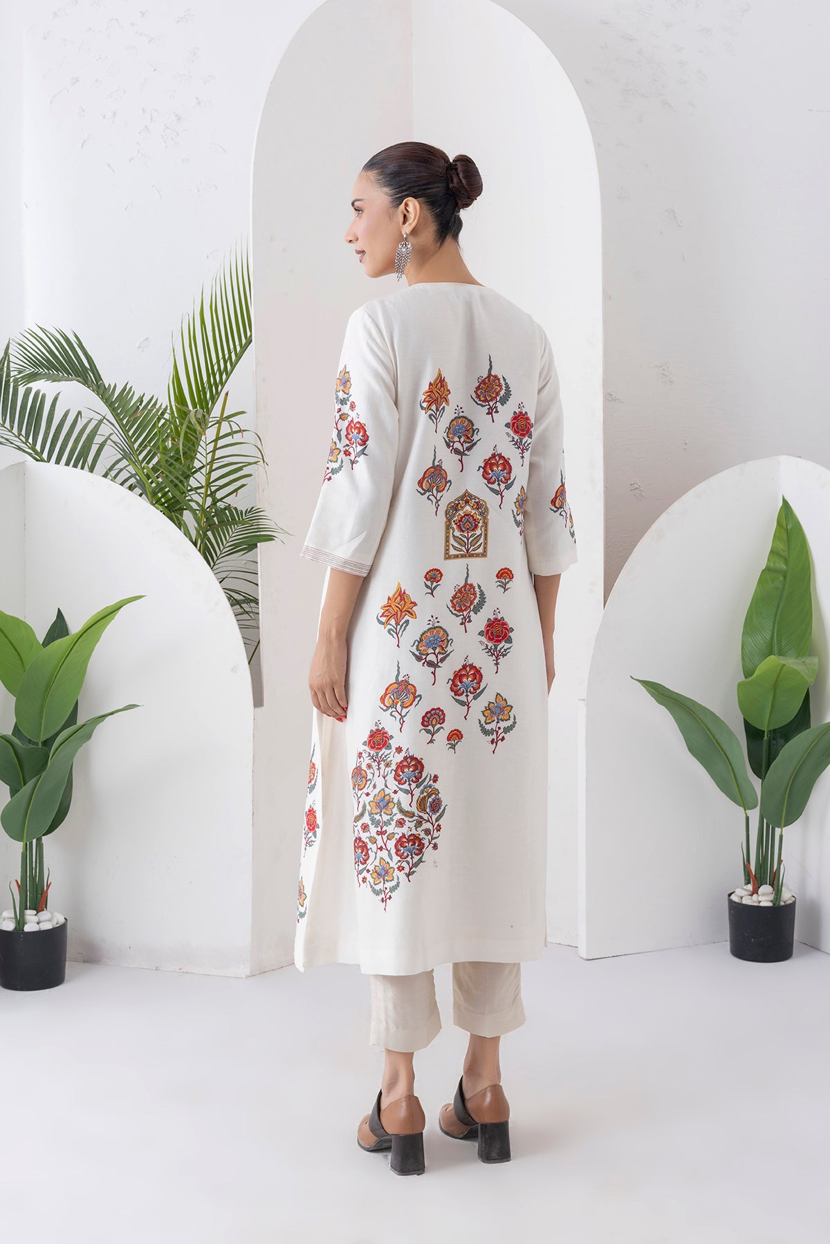 Ivory Silk Chanderi Printed Side Panel Dress (1 PC)