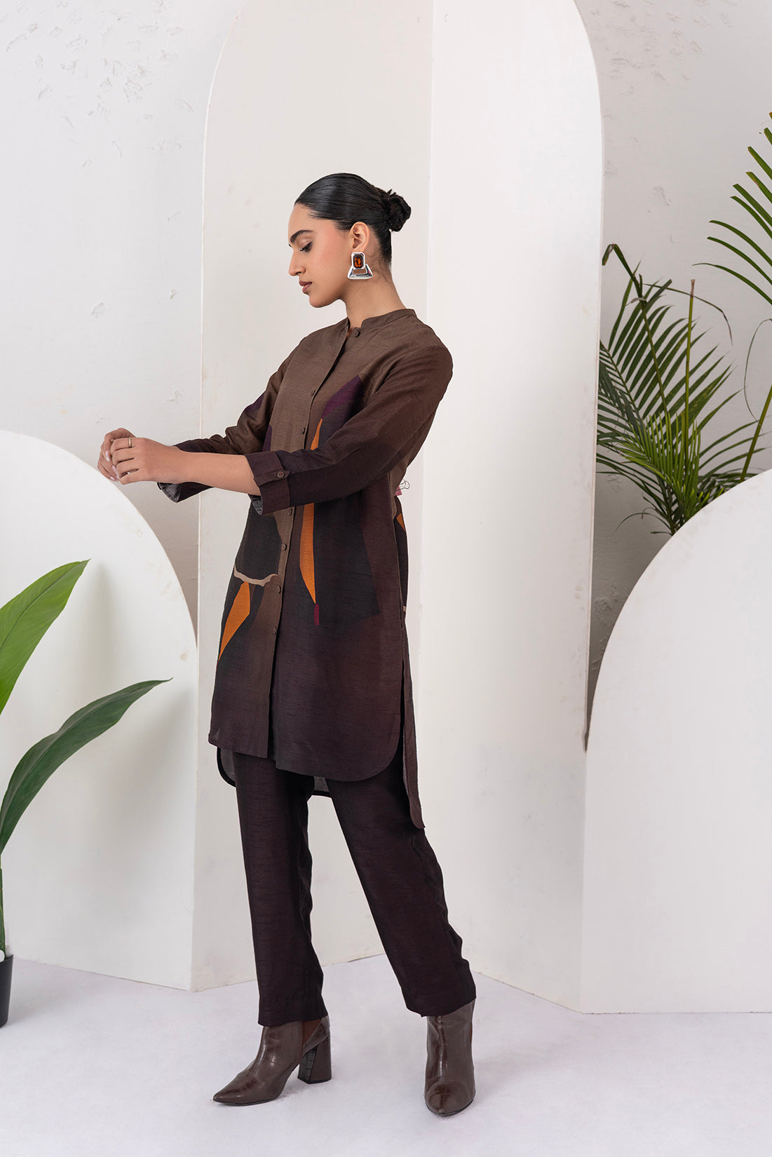 Shades Of Brown Viscose Dupion Printed Shirt Style Tunic (1 PC)