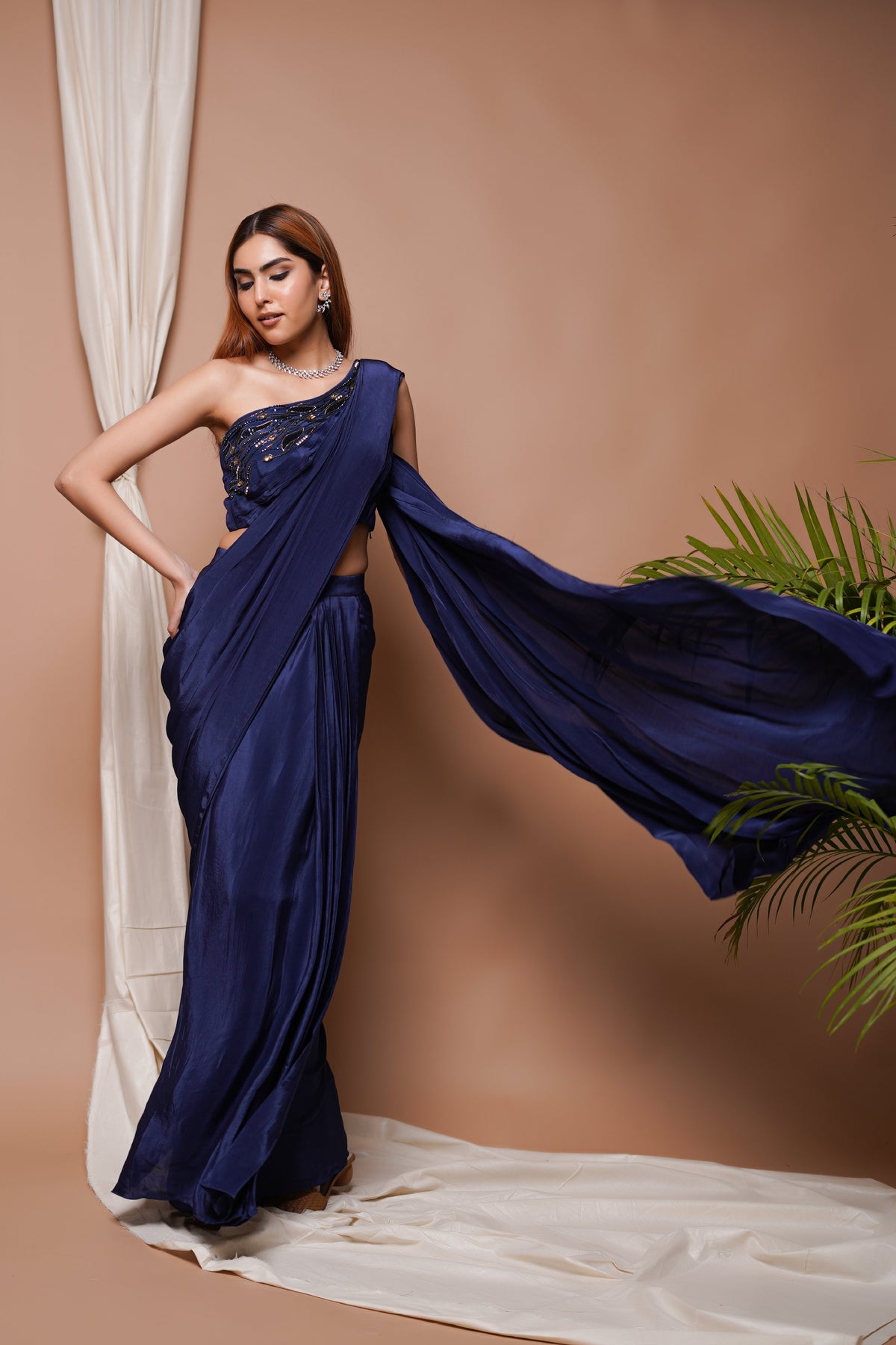NAVY PRE-STITCHED DRAPED SAREE
