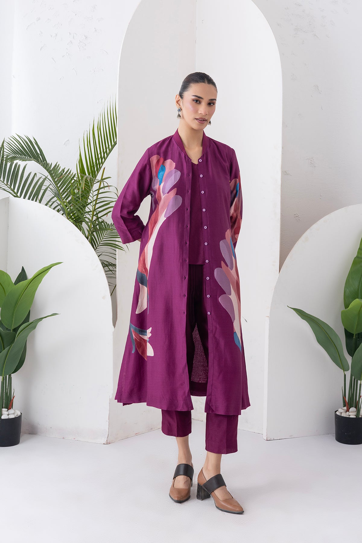 Wine Silk Chanderi Printed Dress (1 PC)
