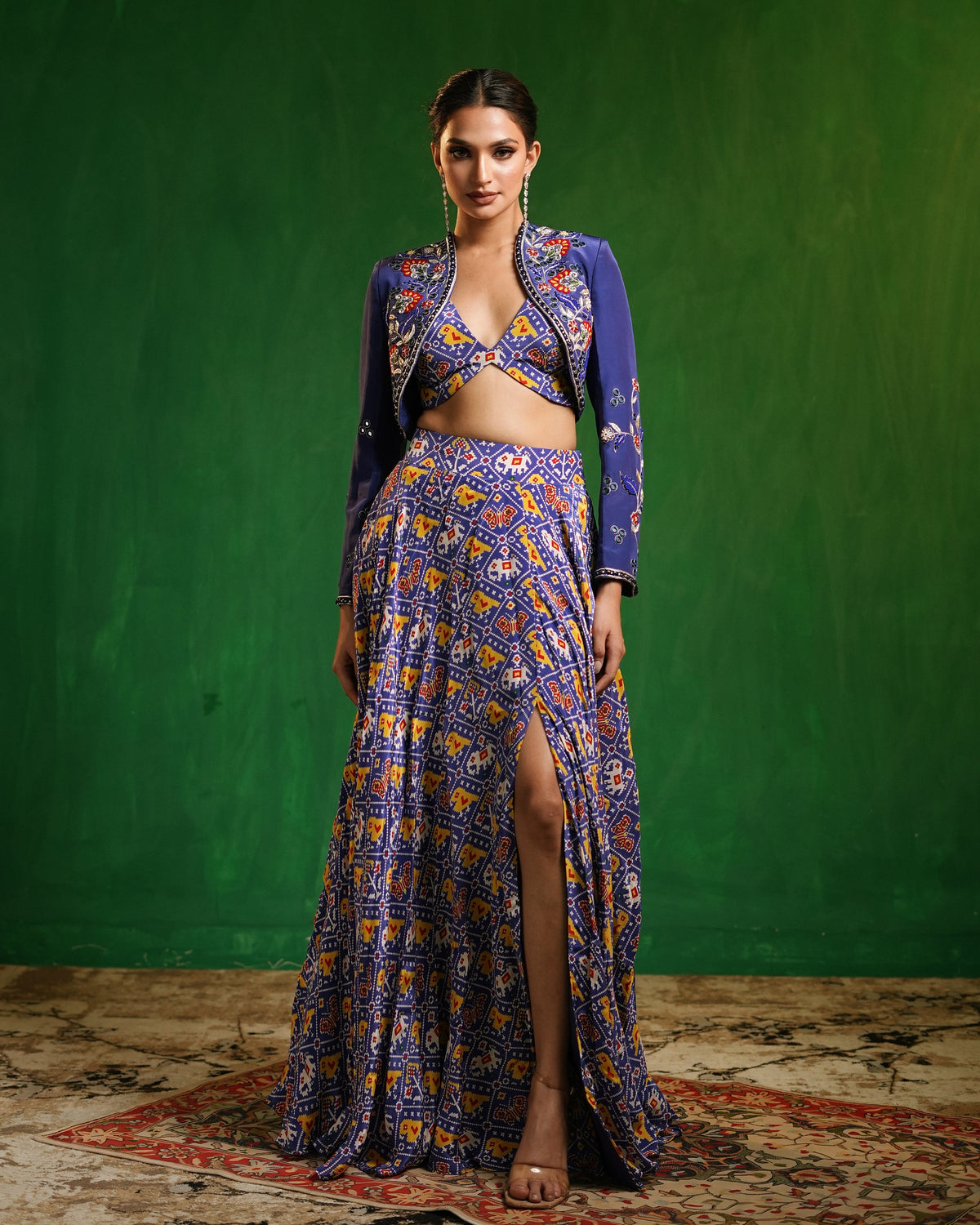 Blue Patola Printed Indo Lehenga Set (Set of 3)
