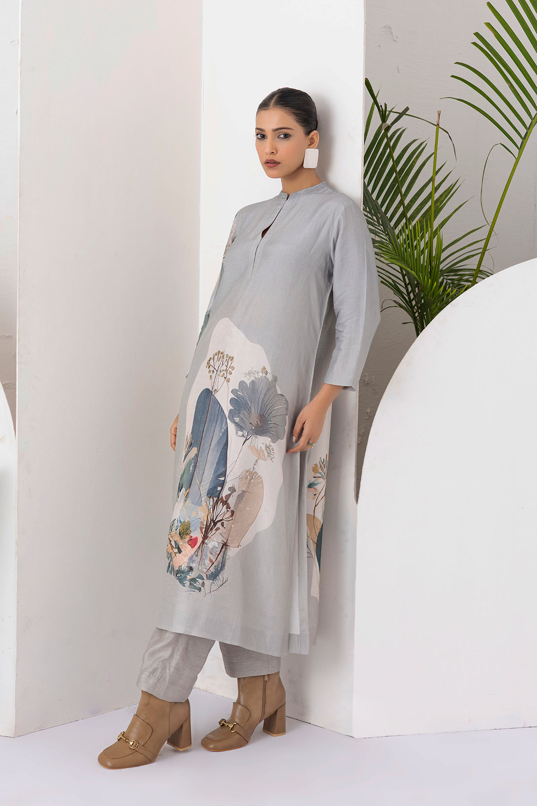 Grey Viscose Dupion Printed Tunic (1 PC)