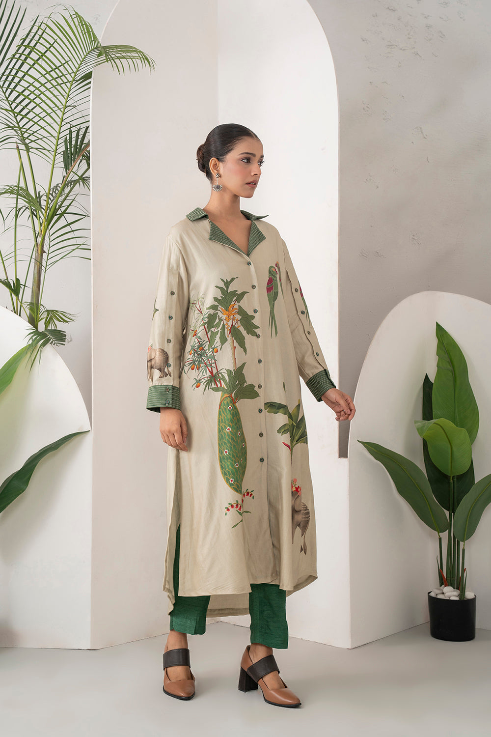 Beige Silk Chanderi Nature-Inspired Printed Dress Set (3 PCS)