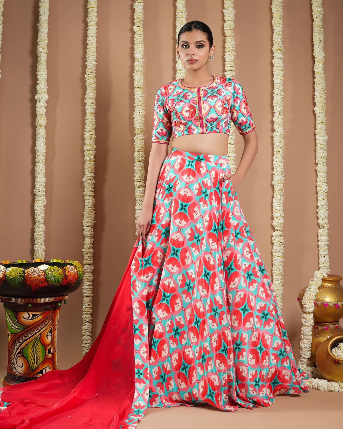 Red Tile Printed Heavy Lehenga Set (Set Of 3)