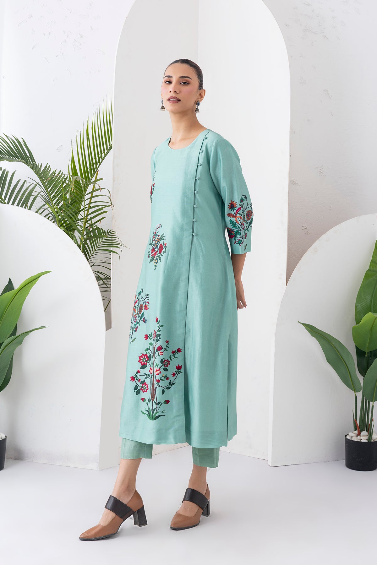 Mint Silk Chanderi Floral Boota Printed Dress (1 PC)