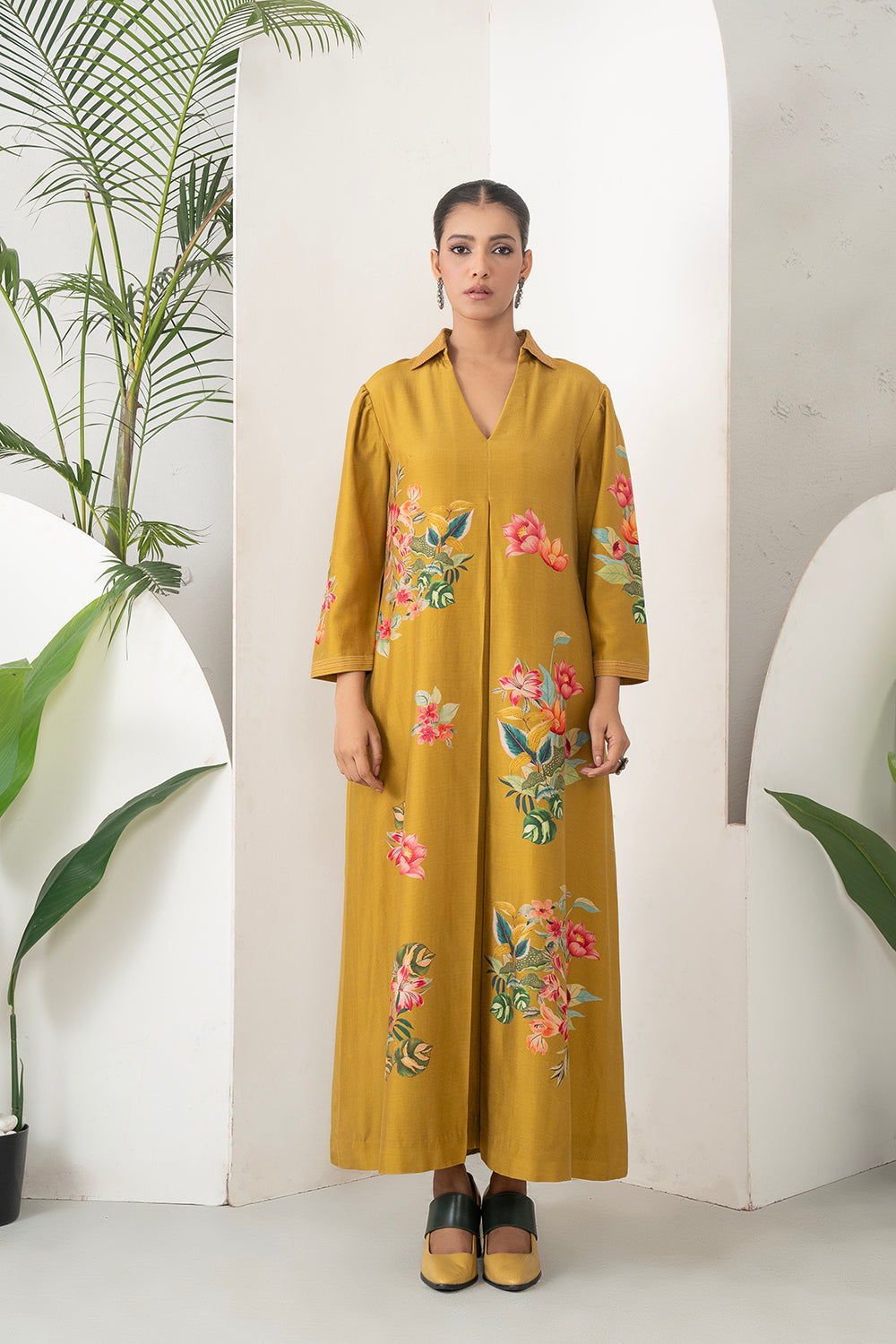 Mustard Silk Chanderi Front Pleat Detailed Colourful Floral Printed Dress Set (2 PCS)