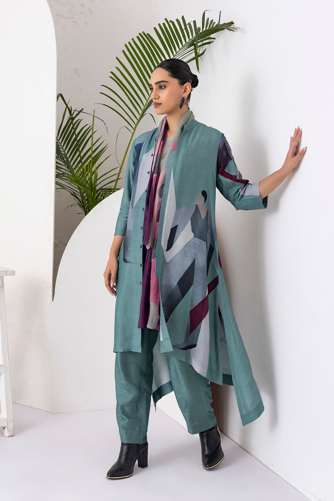 Sage Green Viscose Dupion Printed High-Low Dress (1 PC)