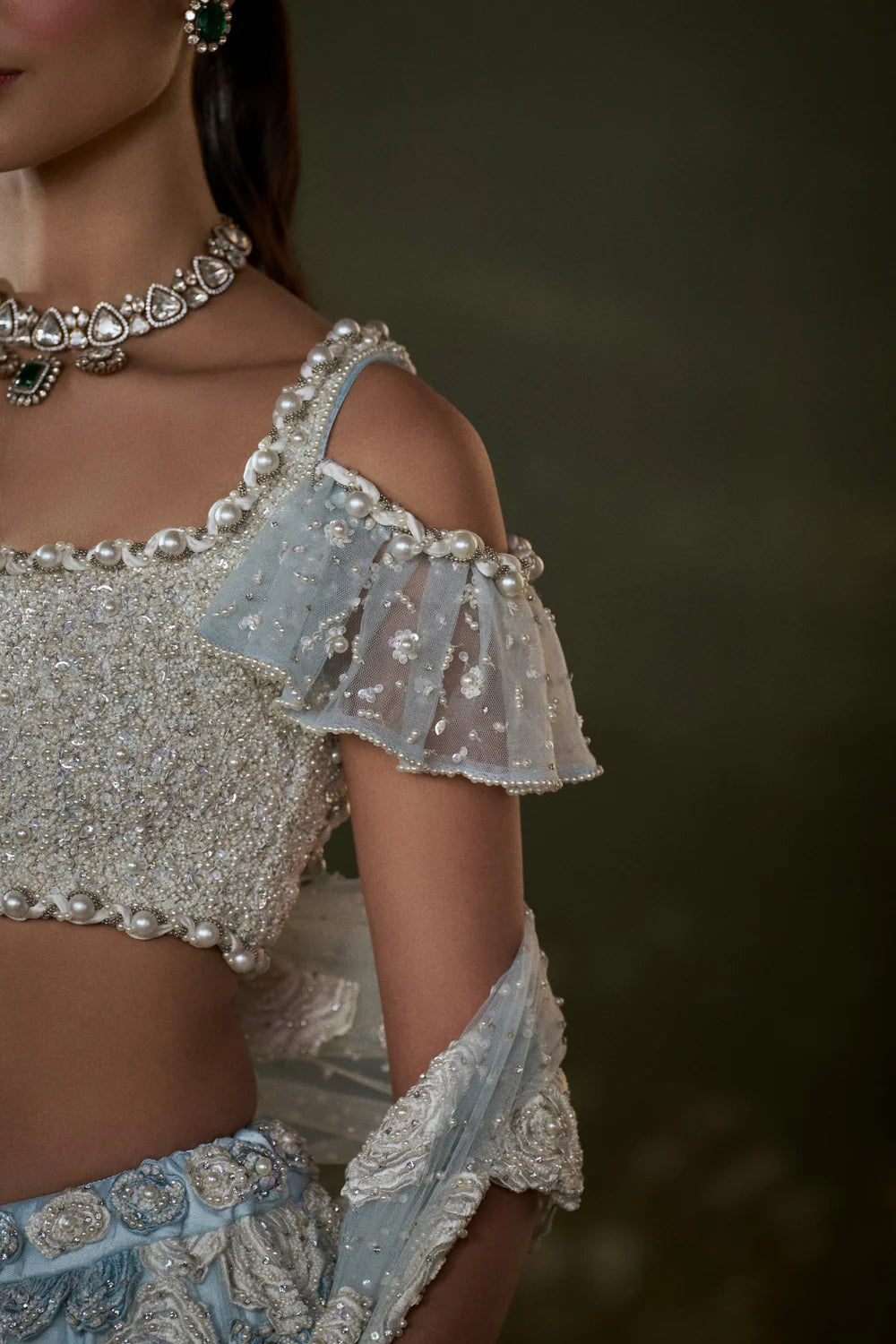 Powder Blue White Trail Lehenga Choli Set